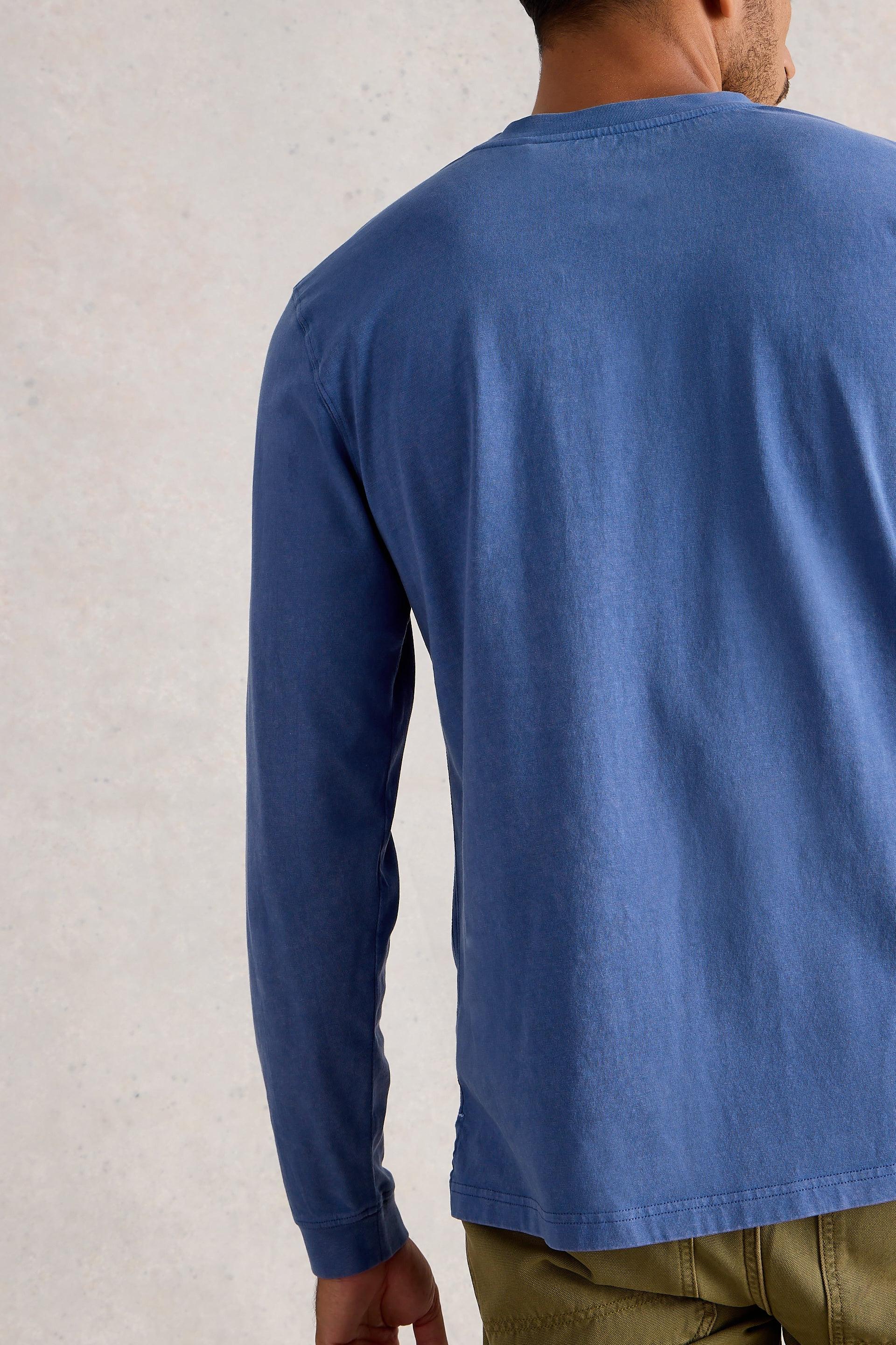 Back view of long sleeve blue organic cotton t-shirt 