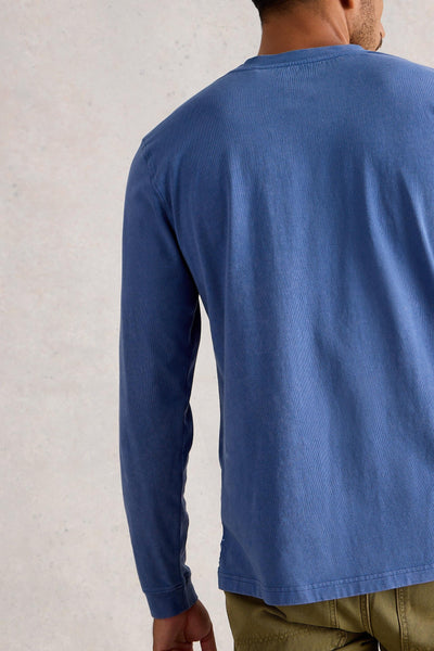Back view of long sleeve blue organic cotton t-shirt 