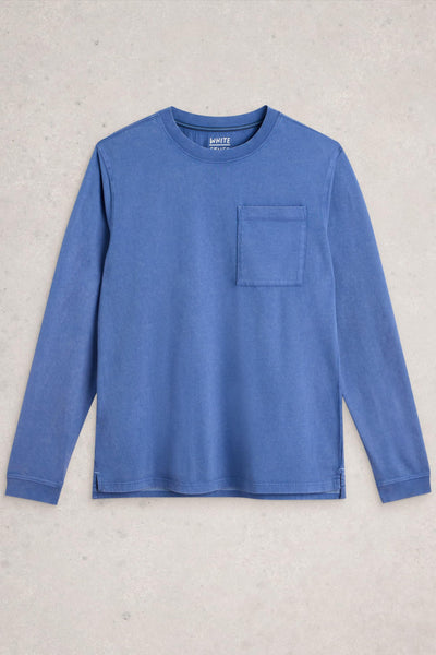 Flat lay of long sleeve blue organic cotton t-shirt on a neutral background