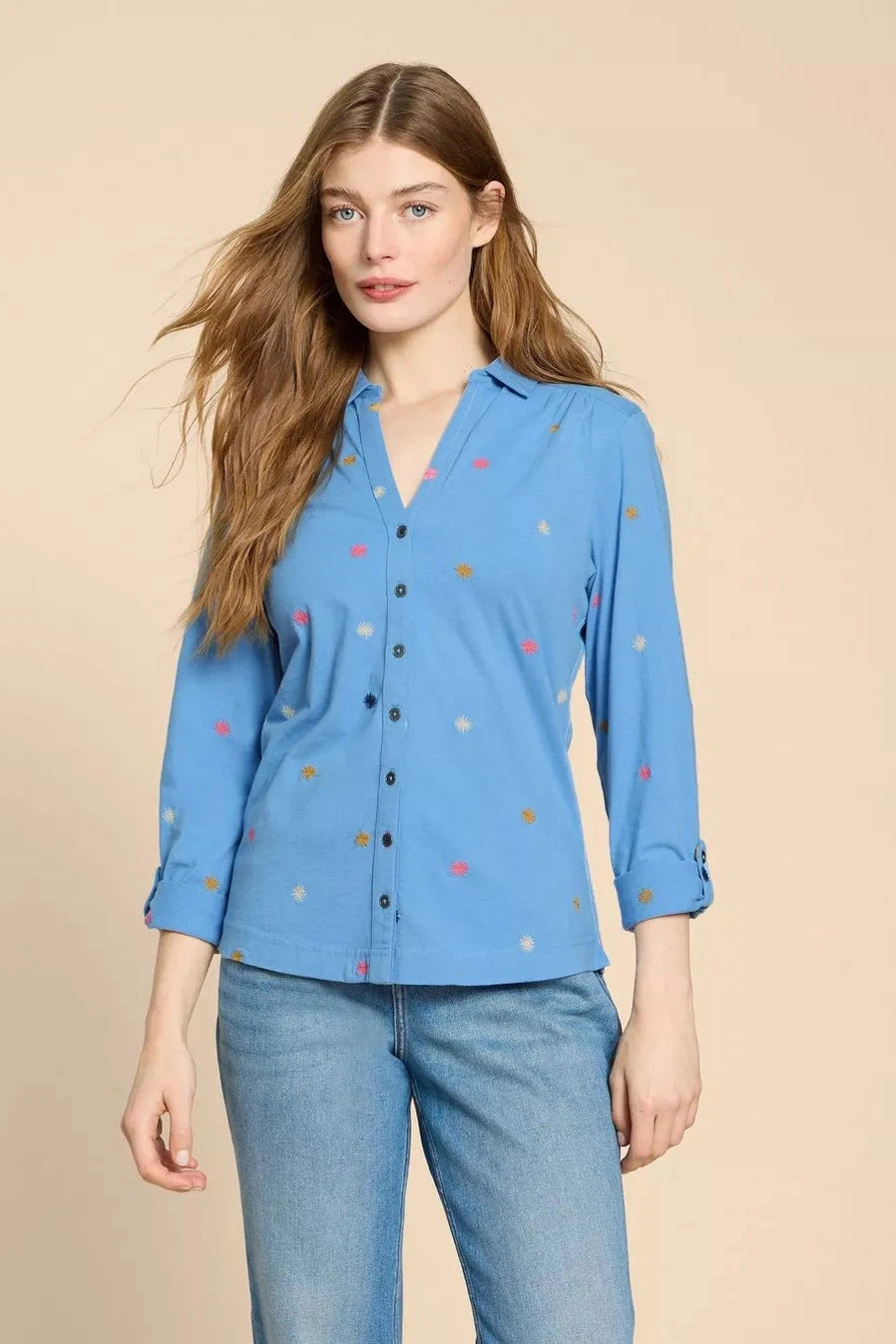 White Stuff Annie Embroidered Jersey Shirt - Blue Multi-Womens-Ohh! By Gum - Shop Sustainable