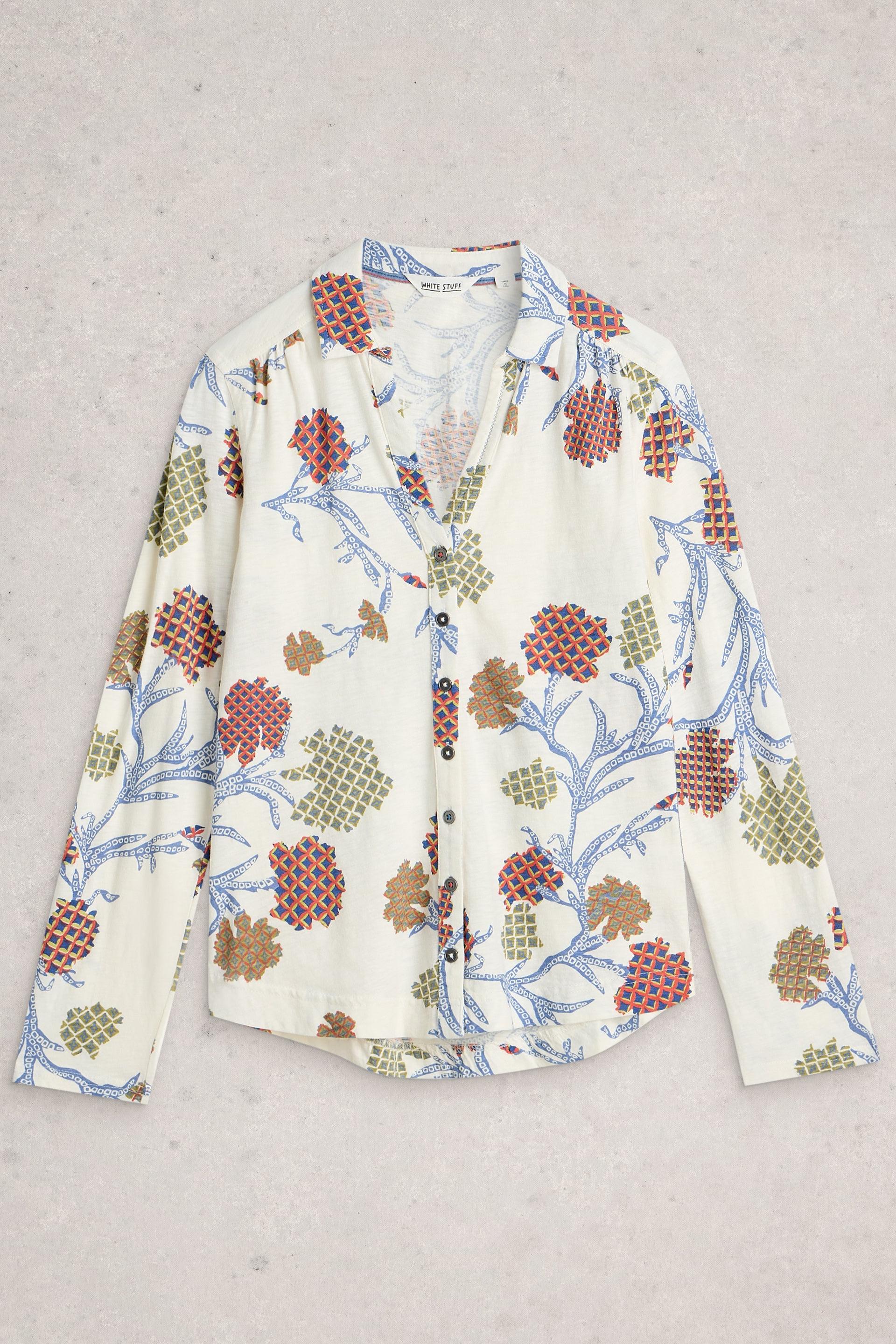 Floral patterned shirt on a light gray background