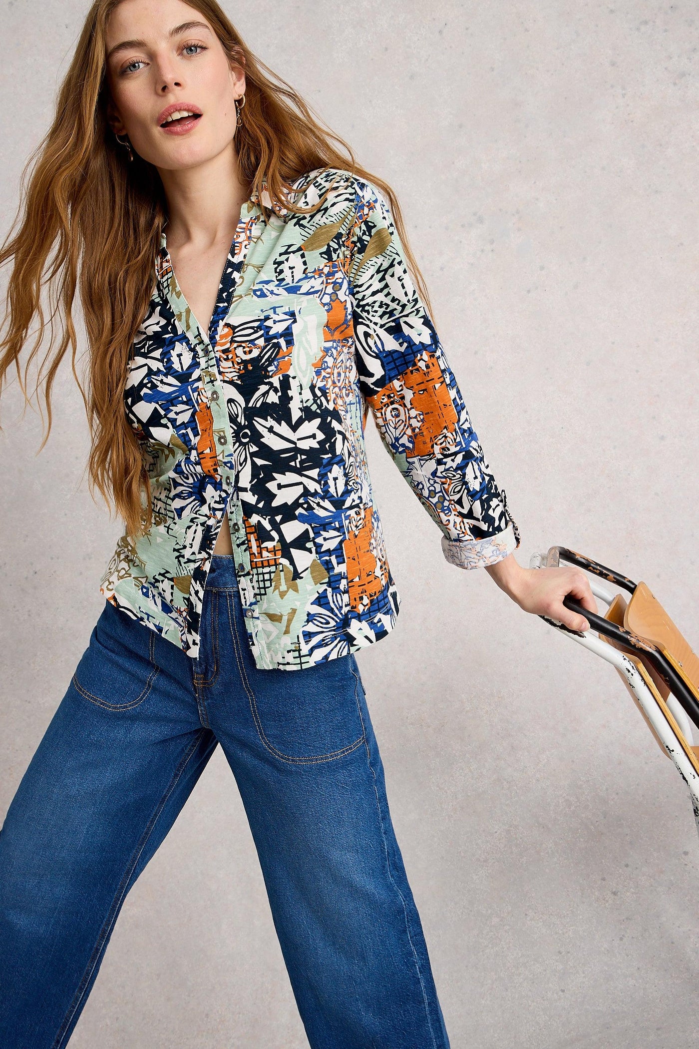 White Stuff Annie Jersey Shirt in Orange Multi