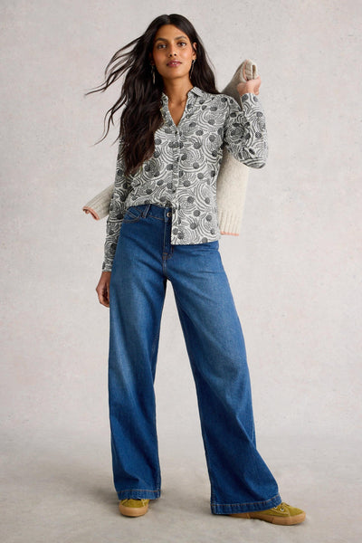 White Stuff Annie Jersey Shirt in White Print AW25