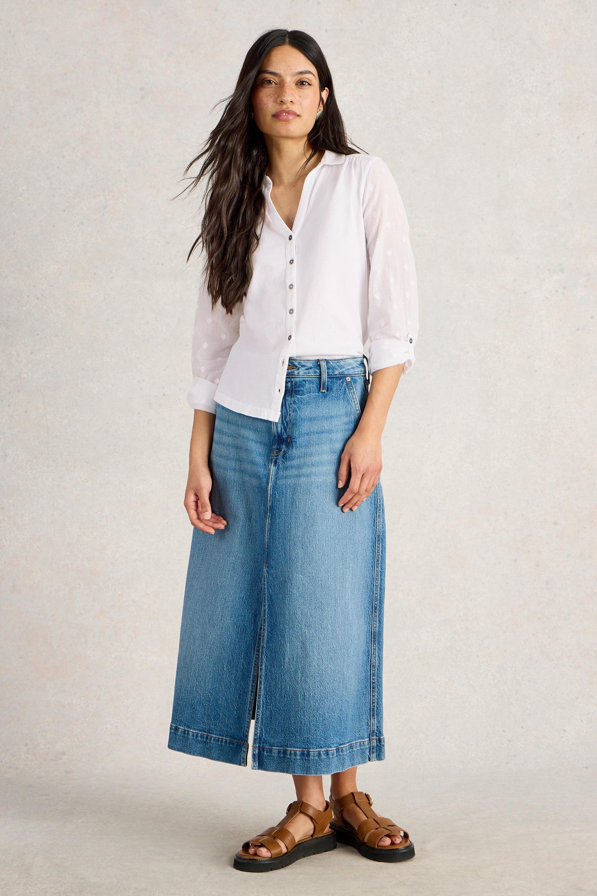 Front view of the White Stuff Annie Mix Jersey Shirt in Pale Ivory paired with long denim skirt and sandals.
