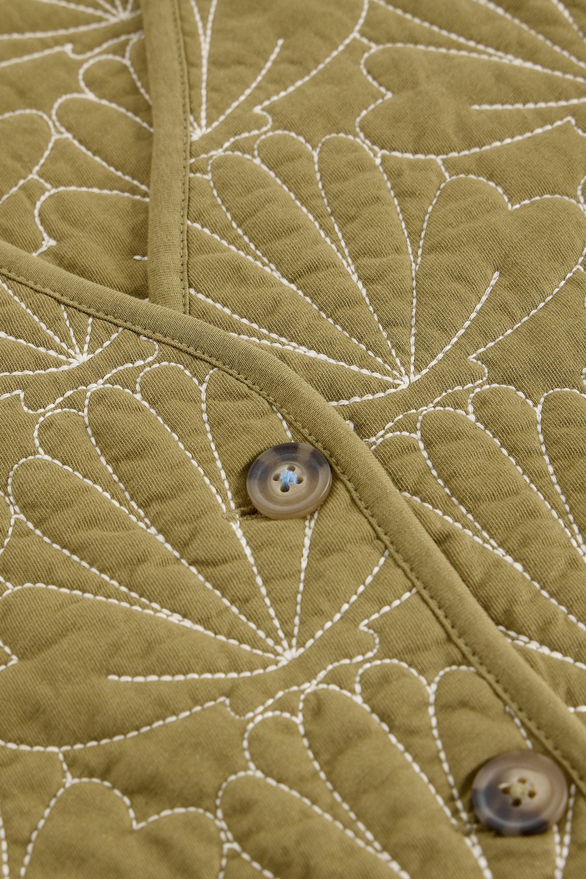 Close-up of a quilted green fabric with white stitching and buttons.
