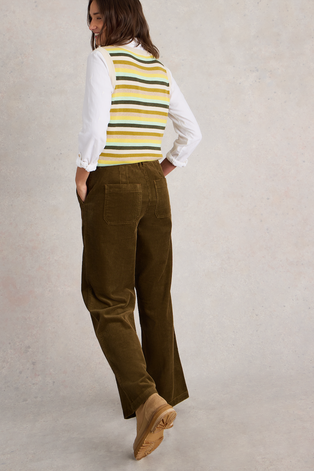 White Stuff Belle Cord Wide Leg Trousers in Khaki Green-Womens-Ohh! By Gum - Shop Sustainable