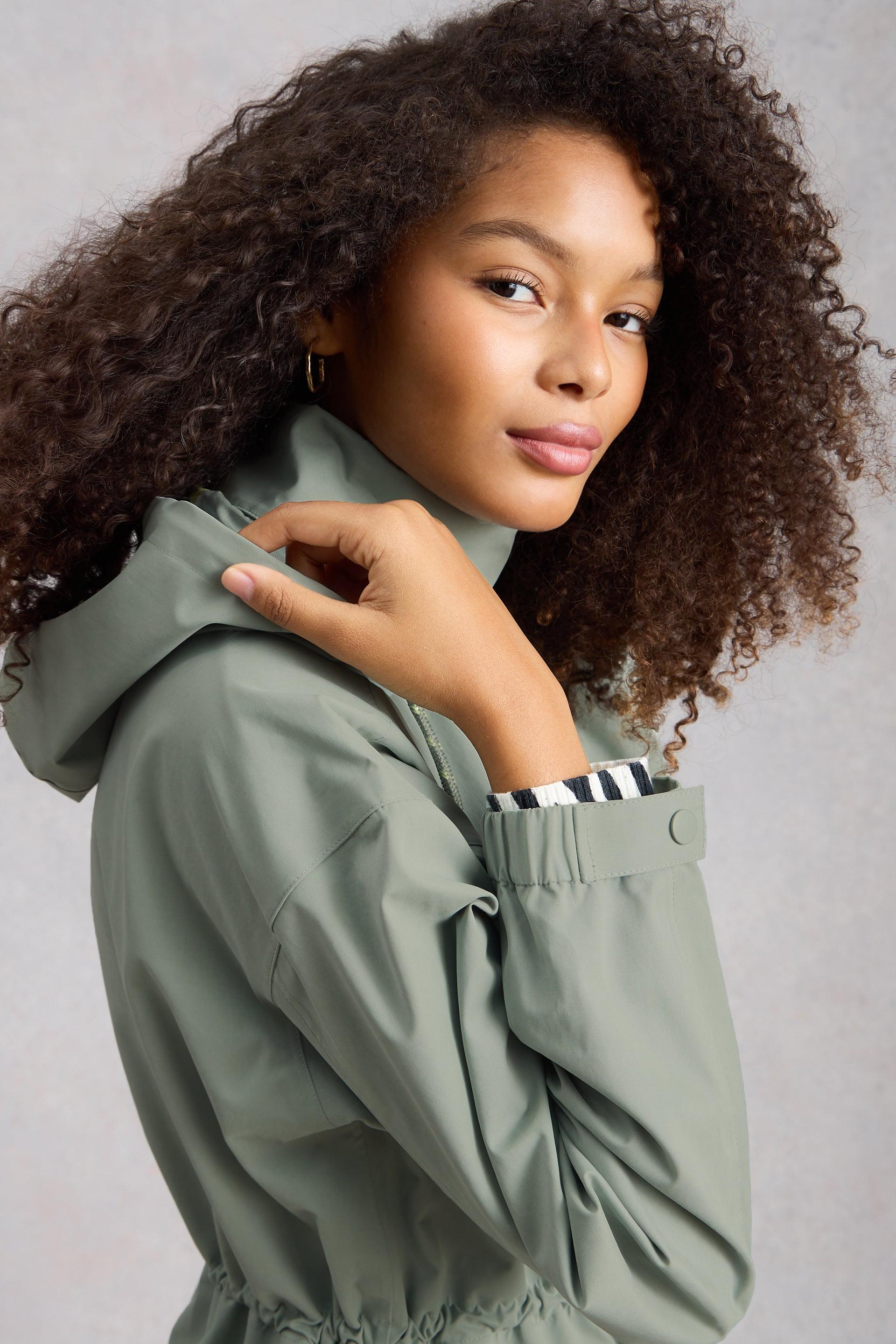 Model wearing a green raincoat against a neutral background