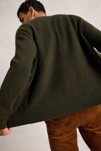 Back view of knitted bomber cardigan