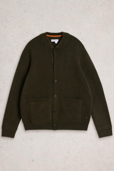 Flat lay of green wool cardigan with button up closure