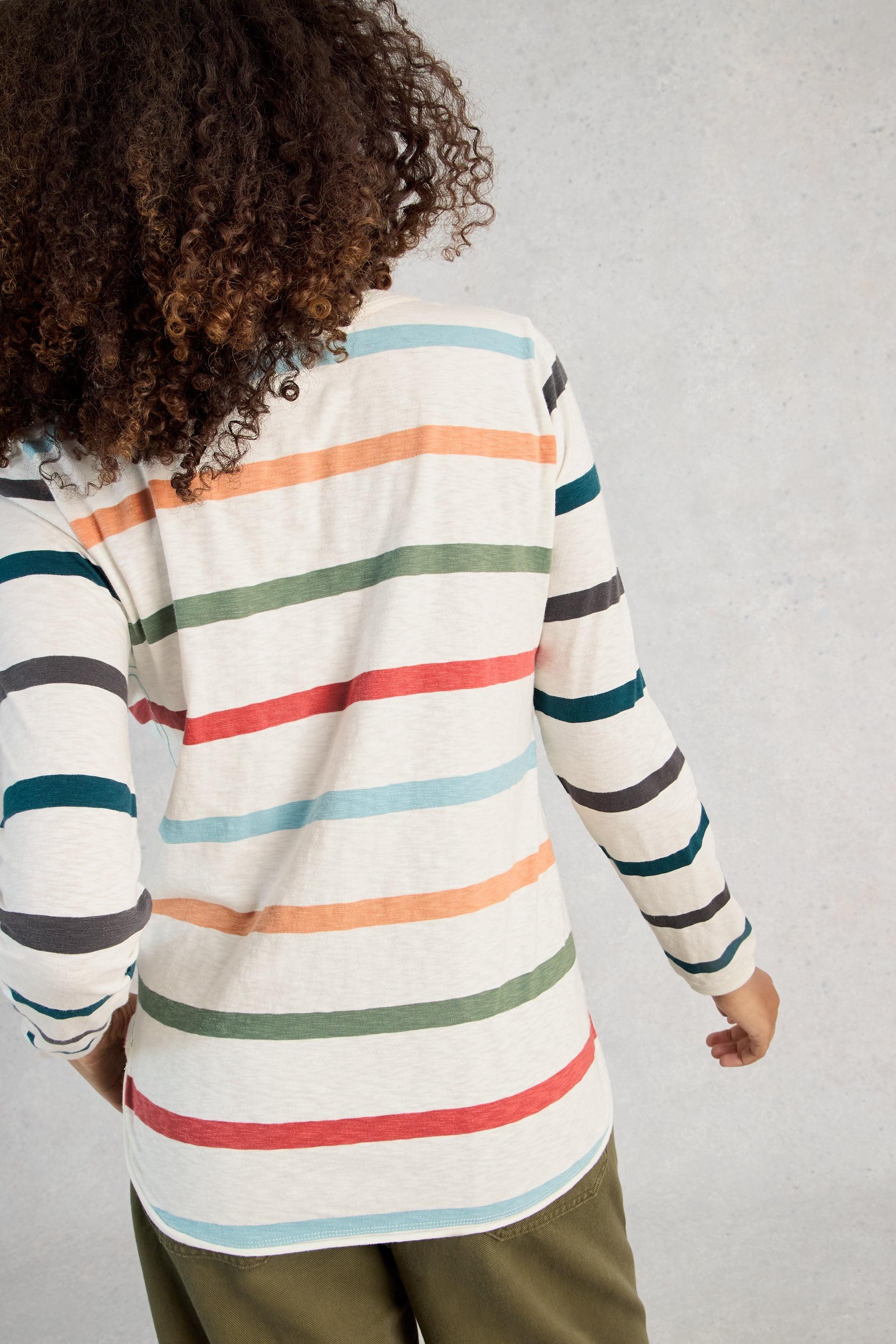 Model wearing a colorful striped top against a plain background