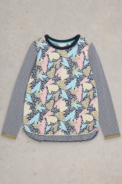 White Stuff Clara LS Tee in Blk Mlt