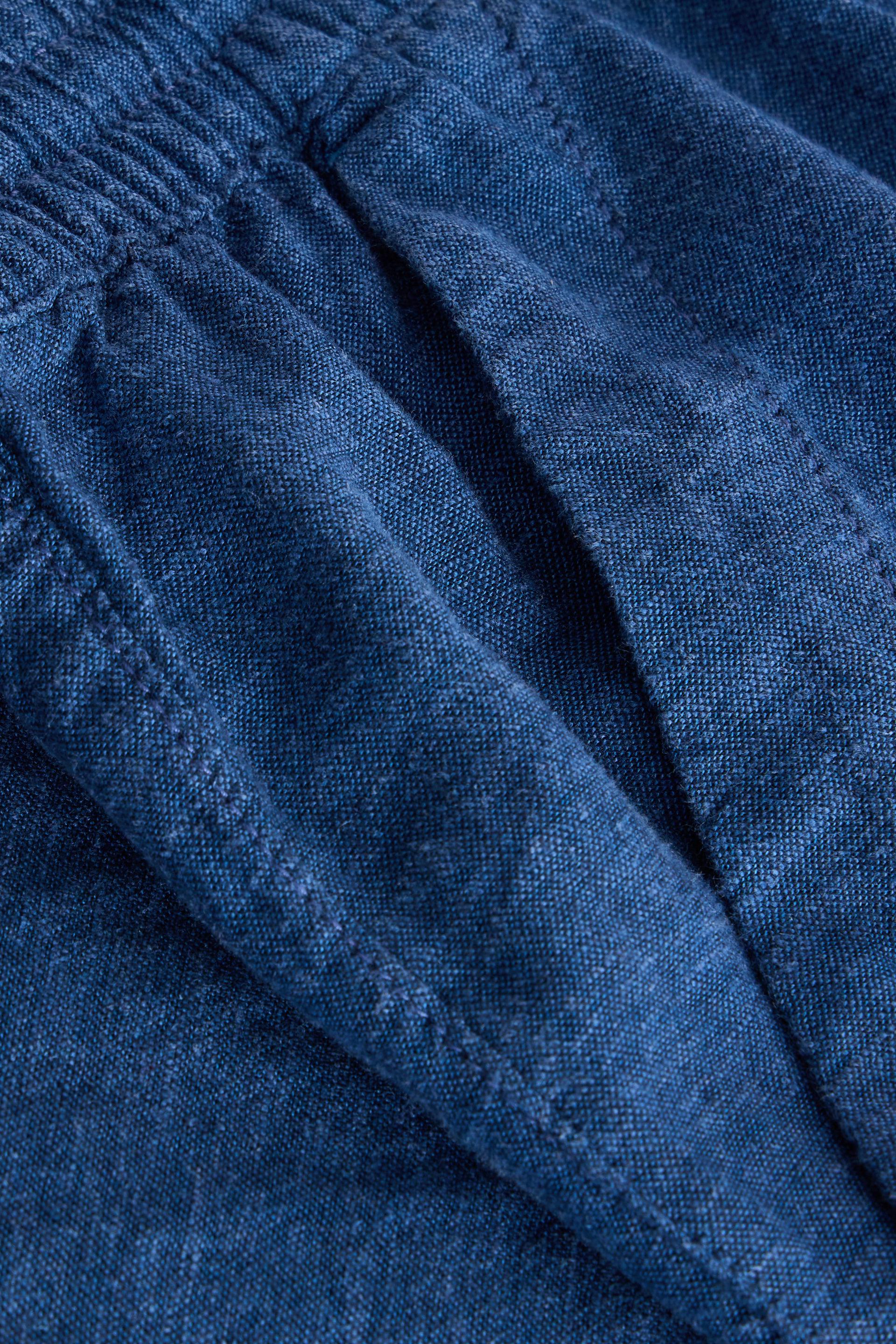 Close up of pocket on blue linen trousers.