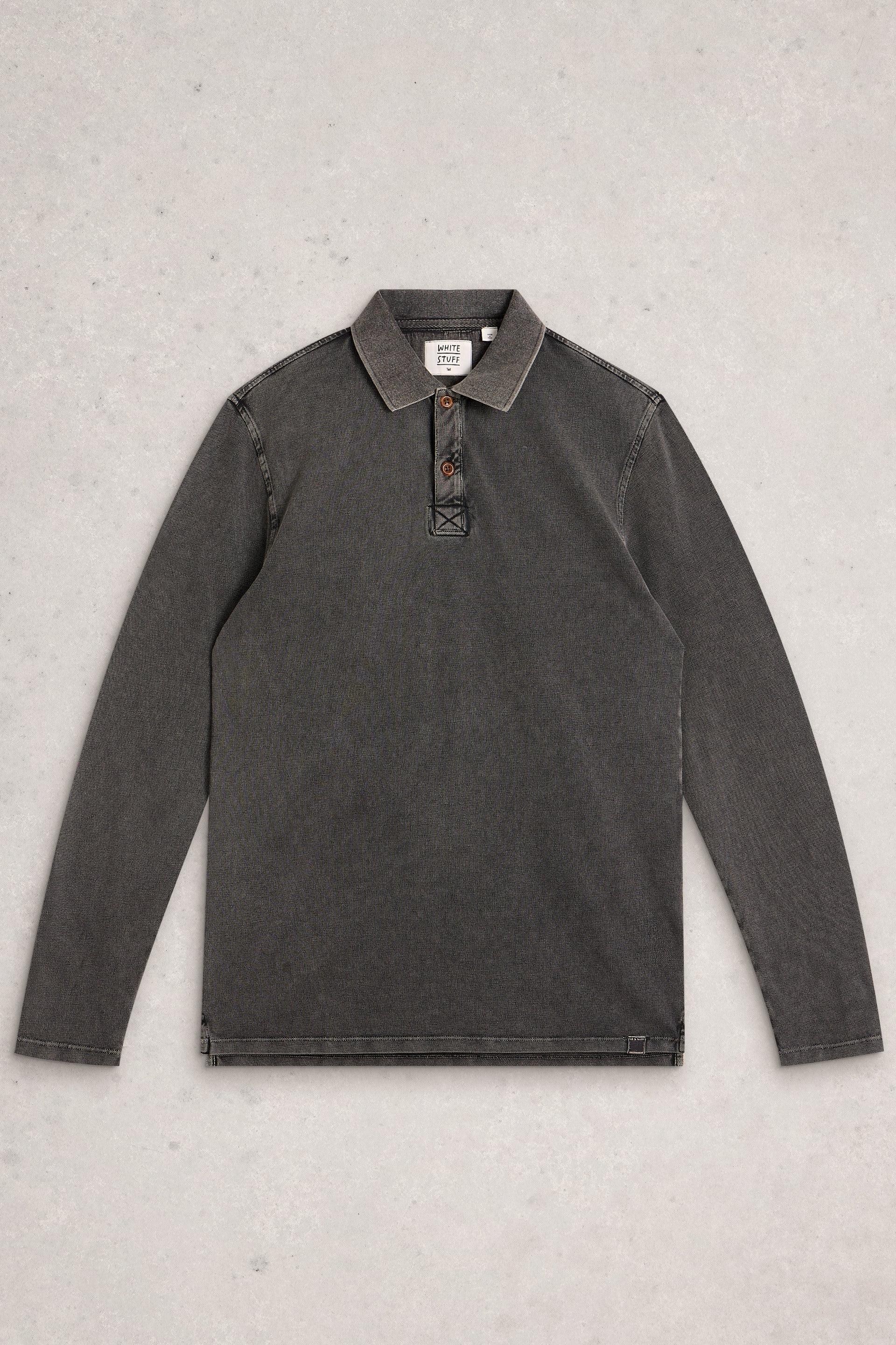 Dark gray long-sleeve polo shirt on a light gray background