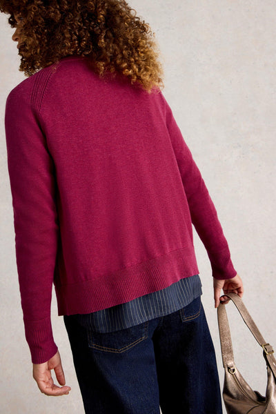 Back view of organic cotton plum cardigan with ribbed detail