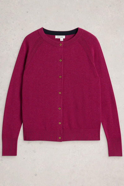 Organic cotton plum carding with button up closure laid flat on neutral background