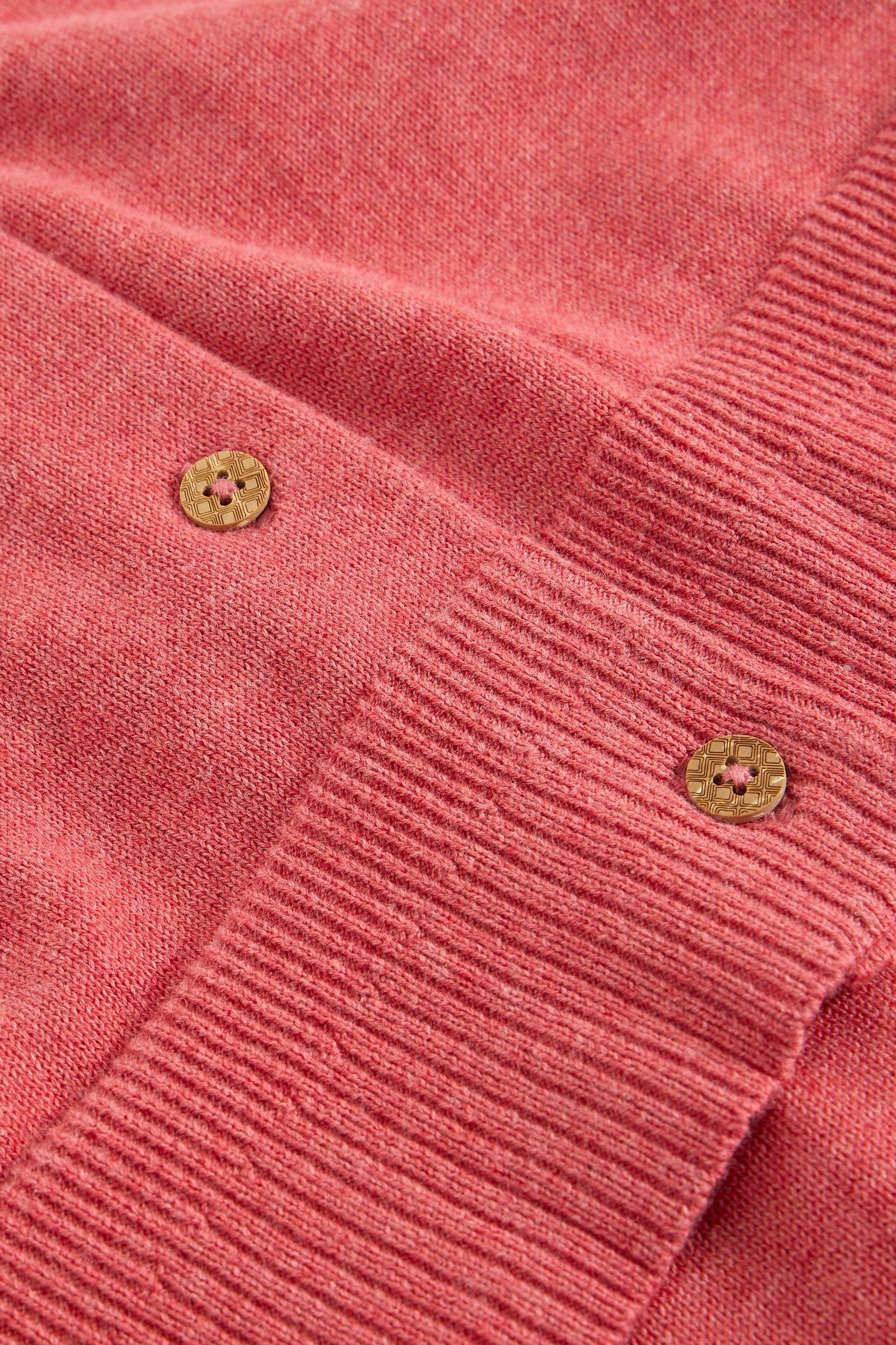 Close-up of a pink organic cotton cardigan with button details