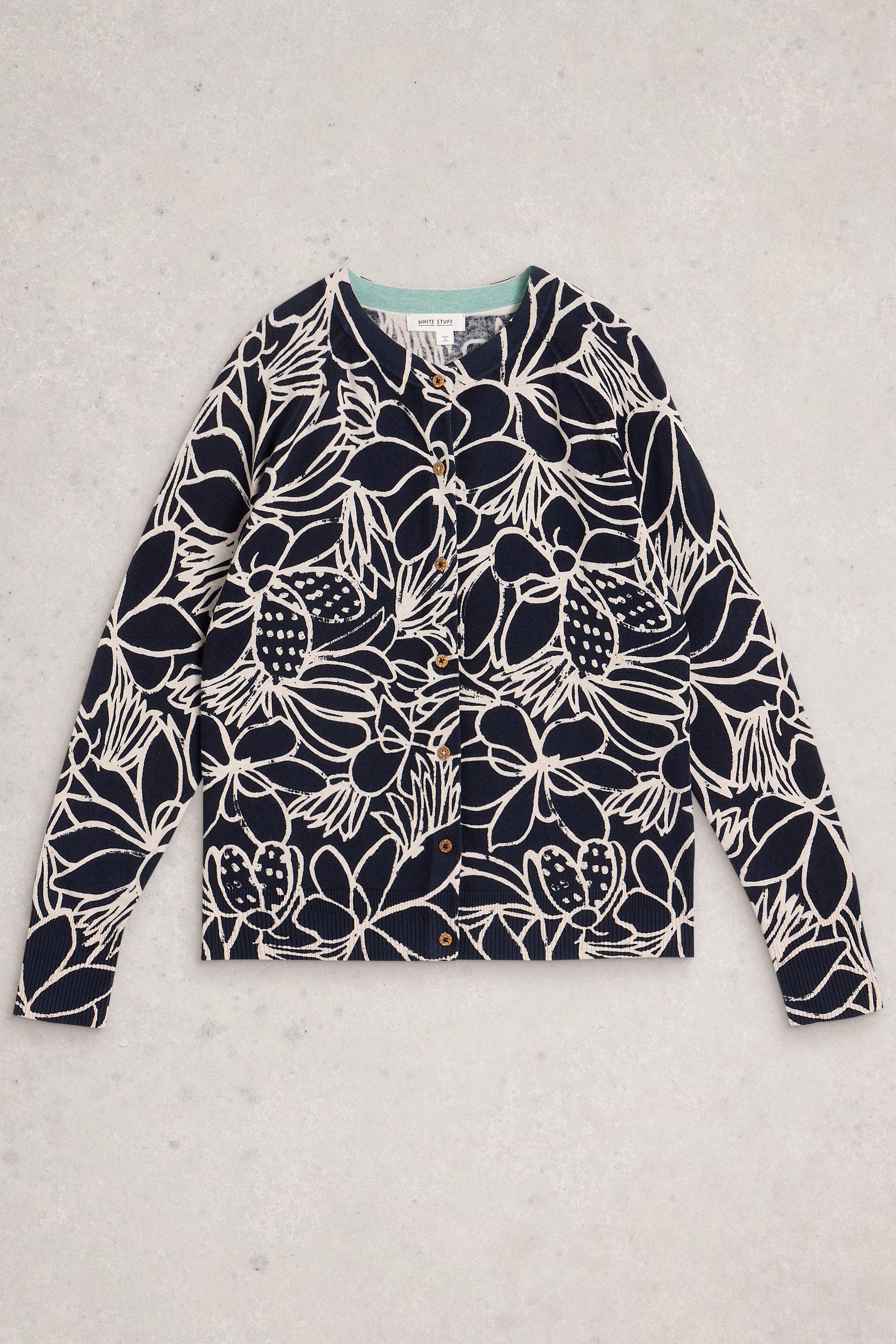 Navy floral patterned cardigan on a light gray background