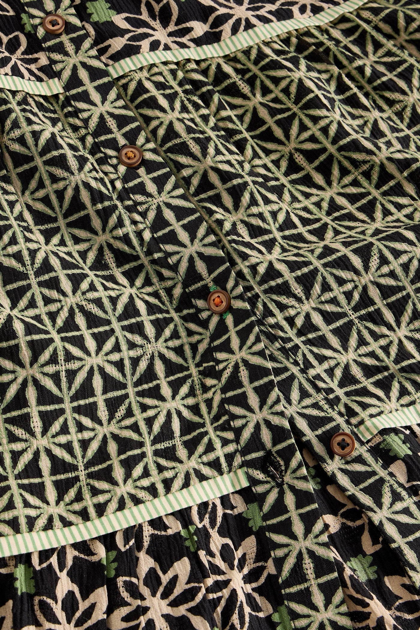 Close-up of folk-inspired print on Lenzing Ecovero viscose tiered midi dress