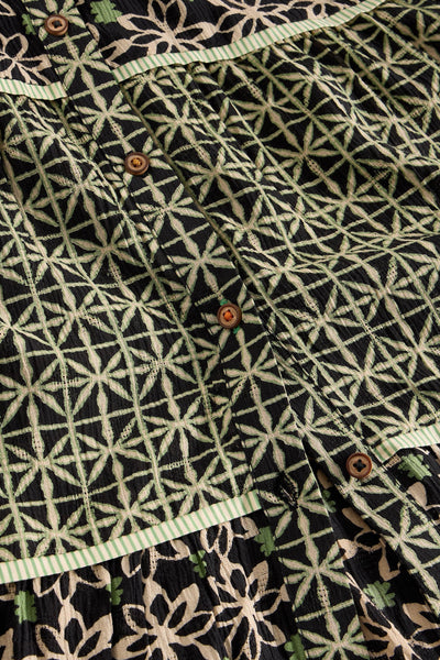 Close-up of folk-inspired print on Lenzing Ecovero viscose tiered midi dress
