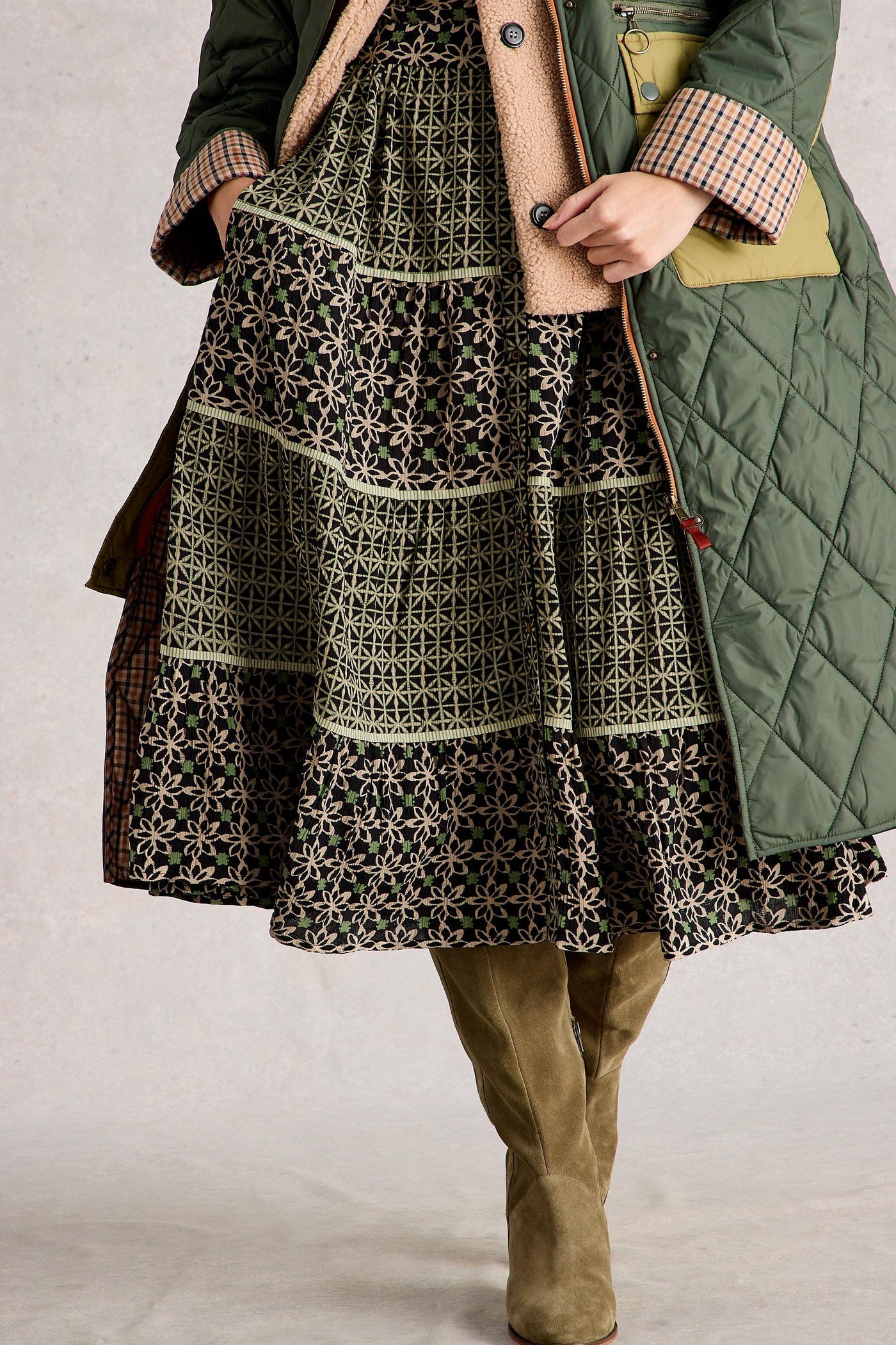 Close up of tiered midi dress showing relaxed shape and folk-style print