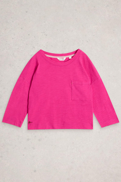 Pink long-sleeve shirt on a light gray background