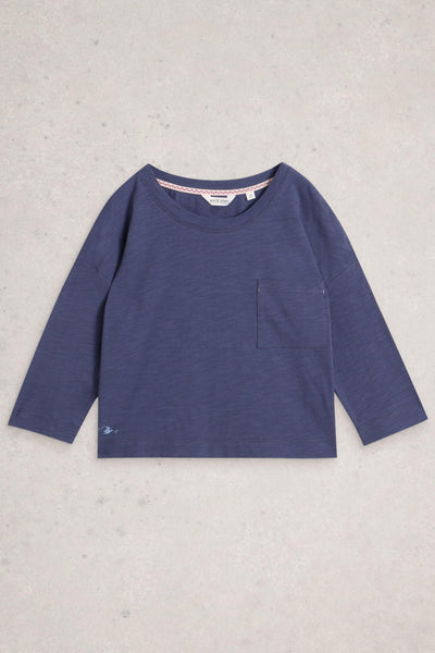 Purple long-sleeve shirt on a light gray background