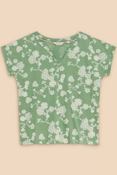 White Stuff Nelly Notch Neck Tee in Green Print-Womens-Ohh! By Gum - Shop Sustainable