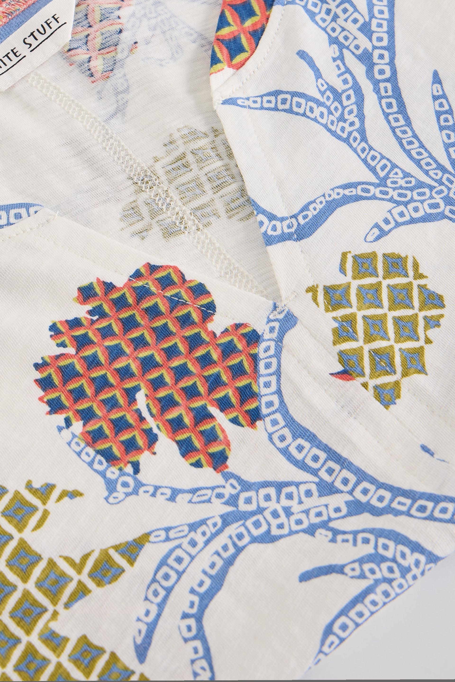 Close-up of patterned fabric with geometric designs in blue, orange, and green.