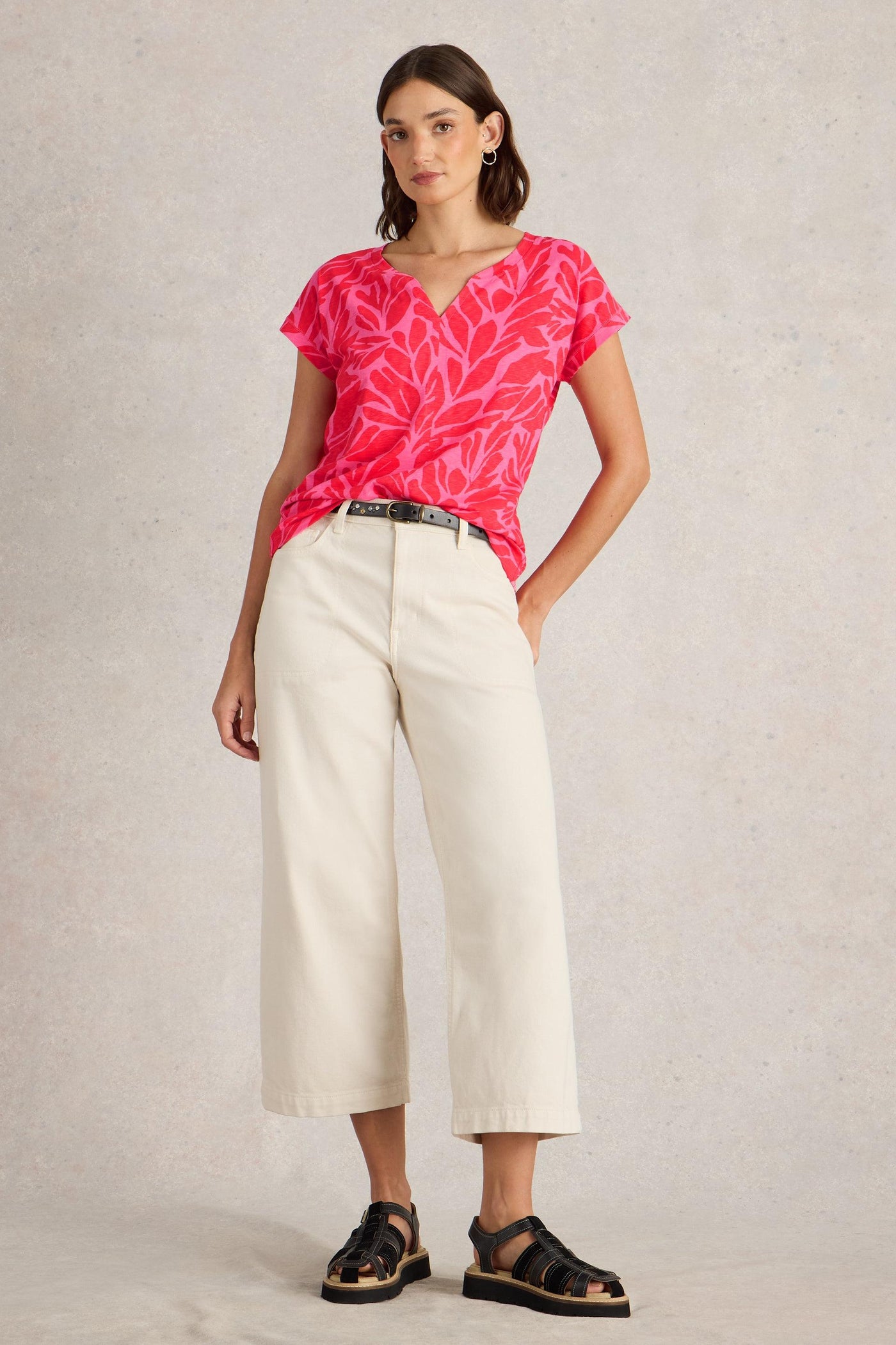 White Stuff Nelly Notch Neck Tee in Mid Pink SS25