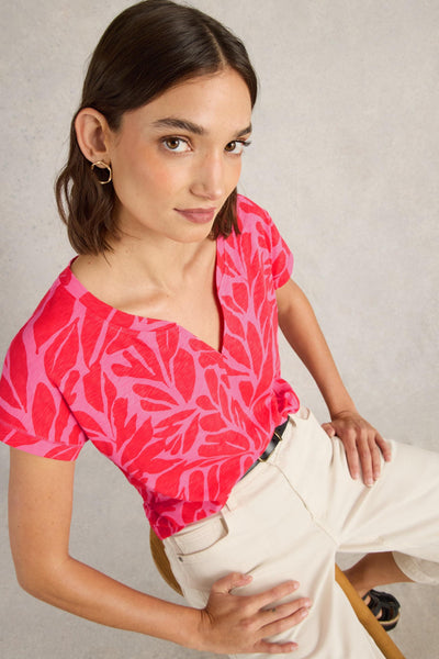 White Stuff Nelly Notch Neck Tee in Mid Pink SS25