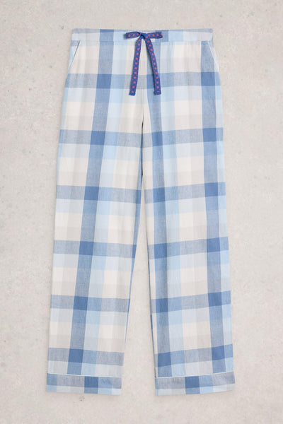 Blue and white plaid organic cotton pants with a tie waist on a light gray background