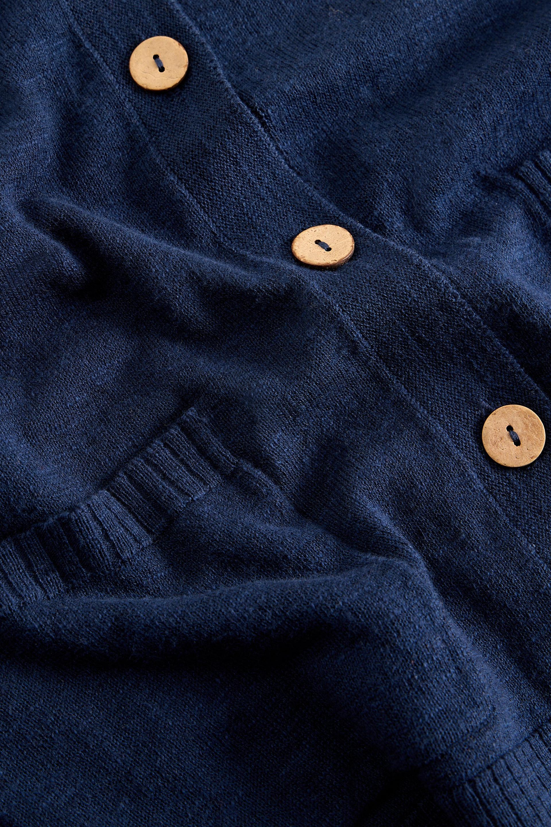 Close-up of a navy blue linen cardigan with wooden buttons