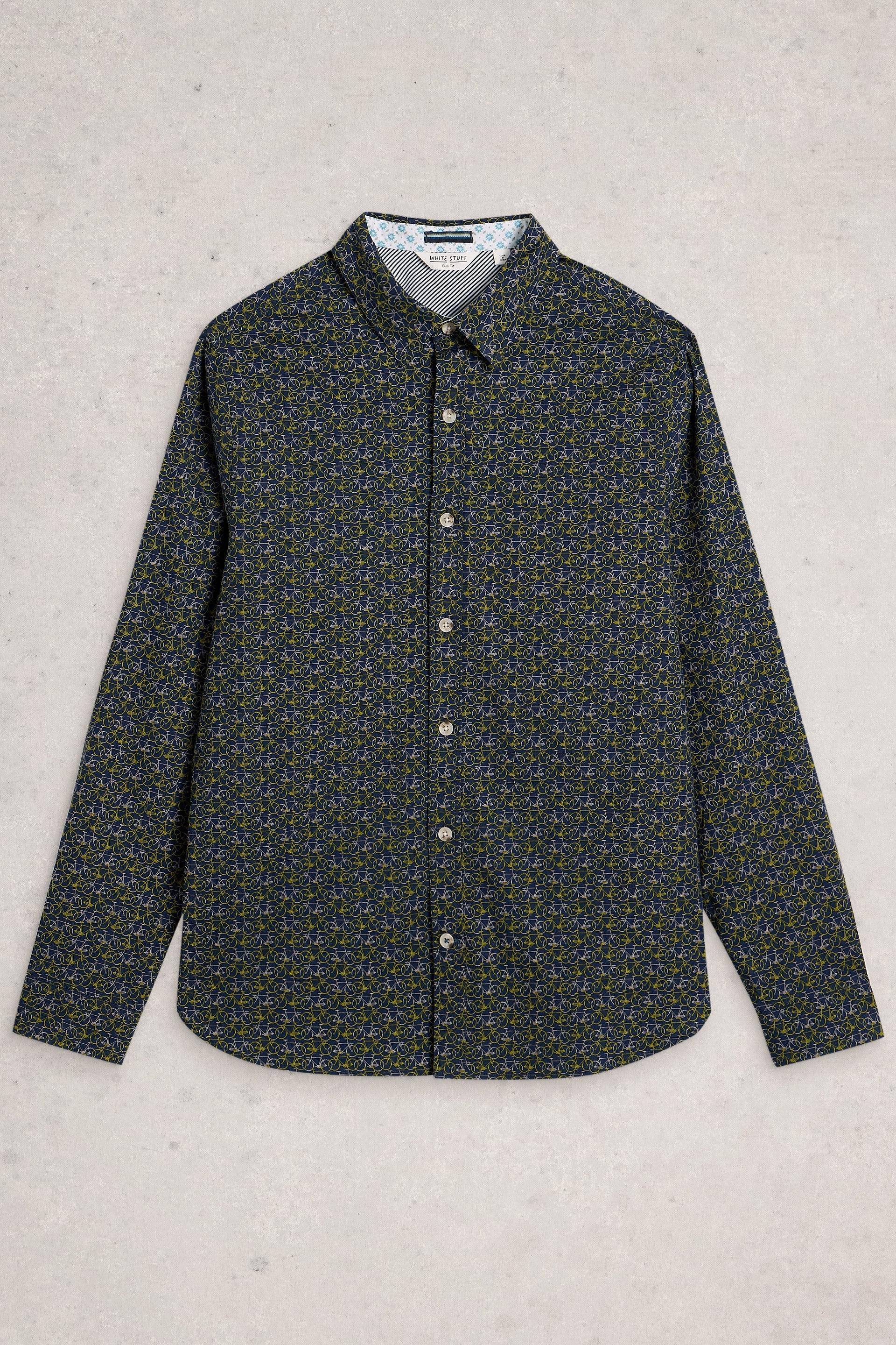 Patterned organic cotton shirt on a light gray background