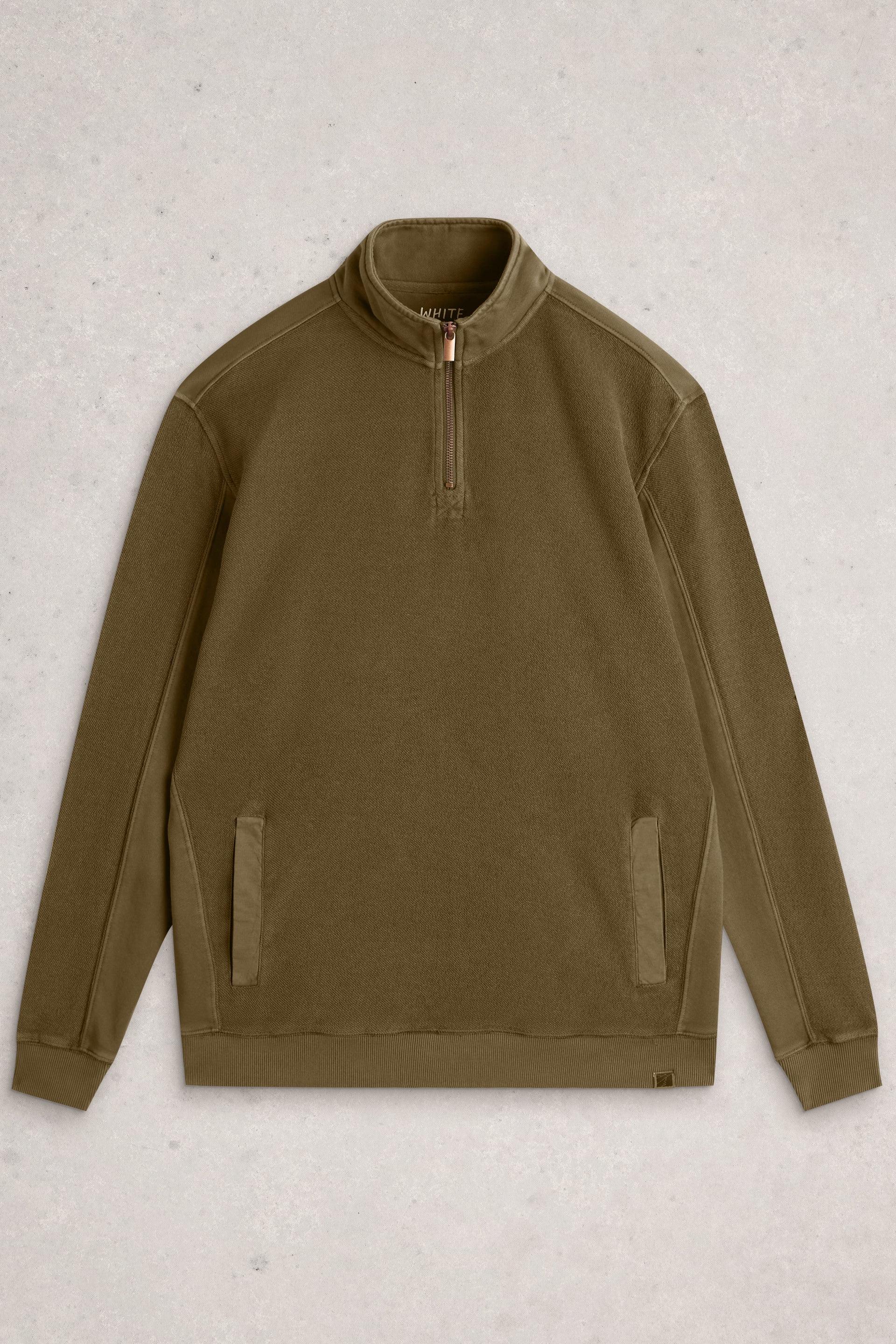 Khaki green half-zip sweatshirt on a light gray background