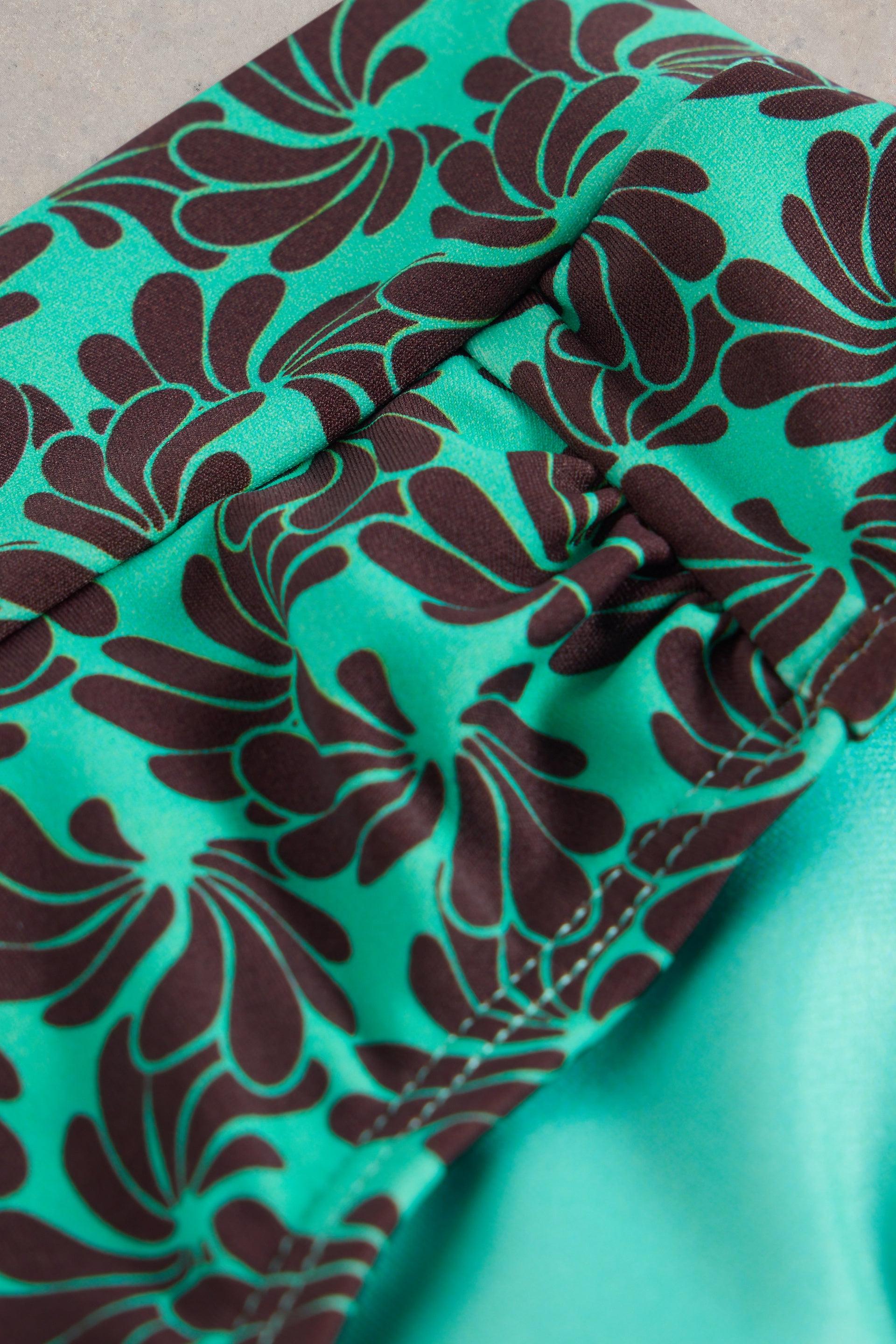 Close-up detail of the bikini bottom's recycled nylon fabric.