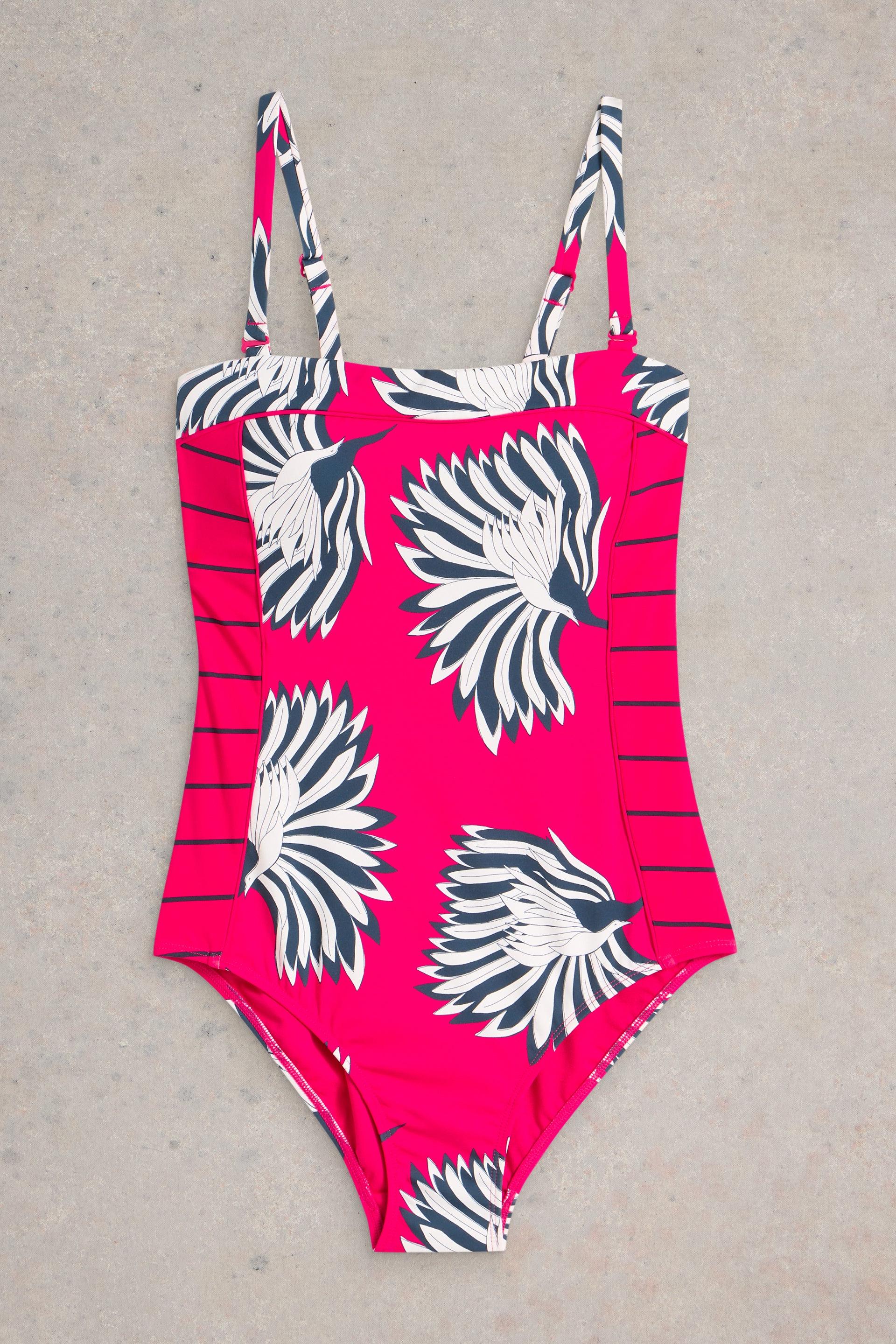 Flat lay of the White Stuff Suki Swimsuit highlighting its structure, floral print, and strap design.