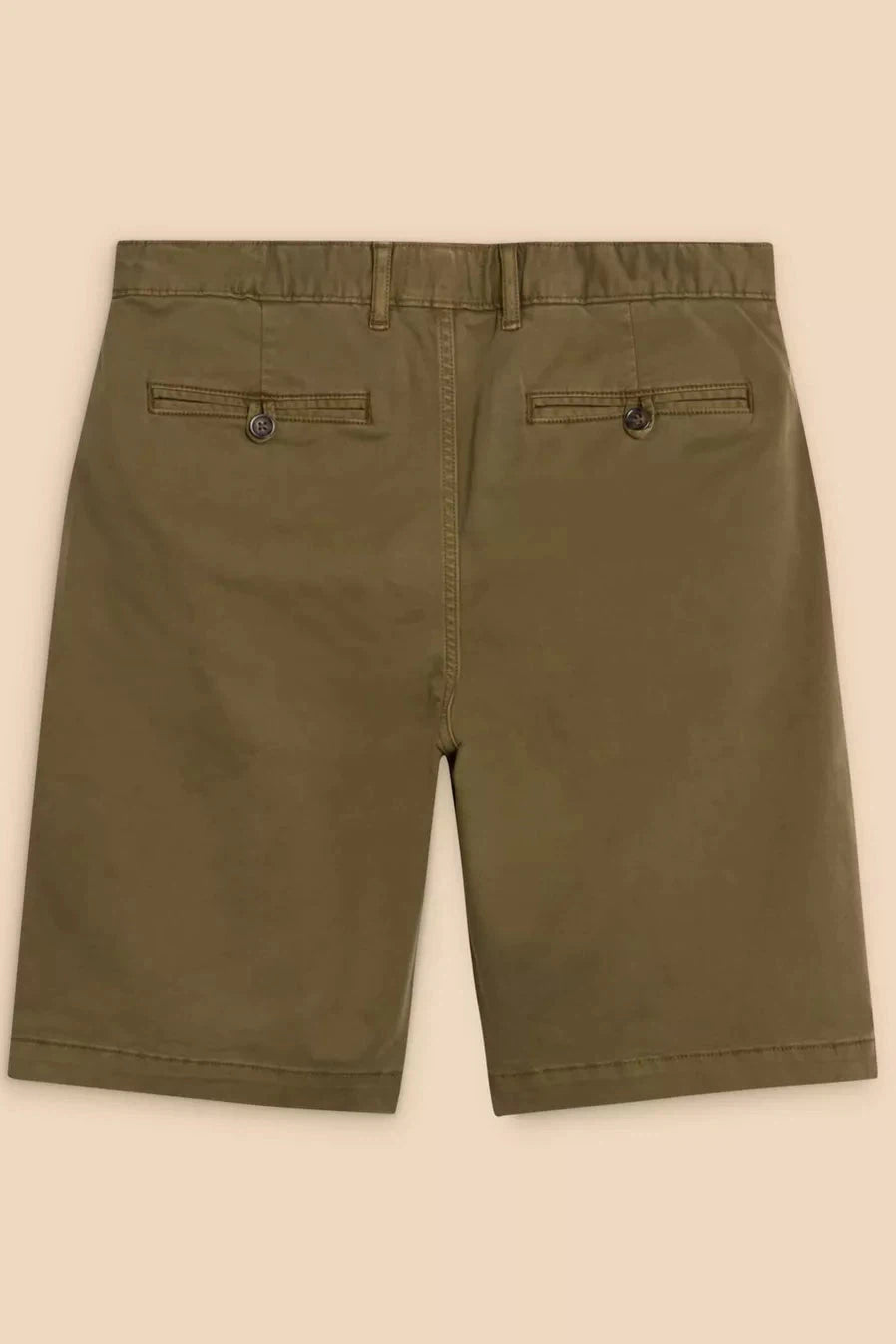 Back view of organic cotton chino shorts showing double pockets with buttons