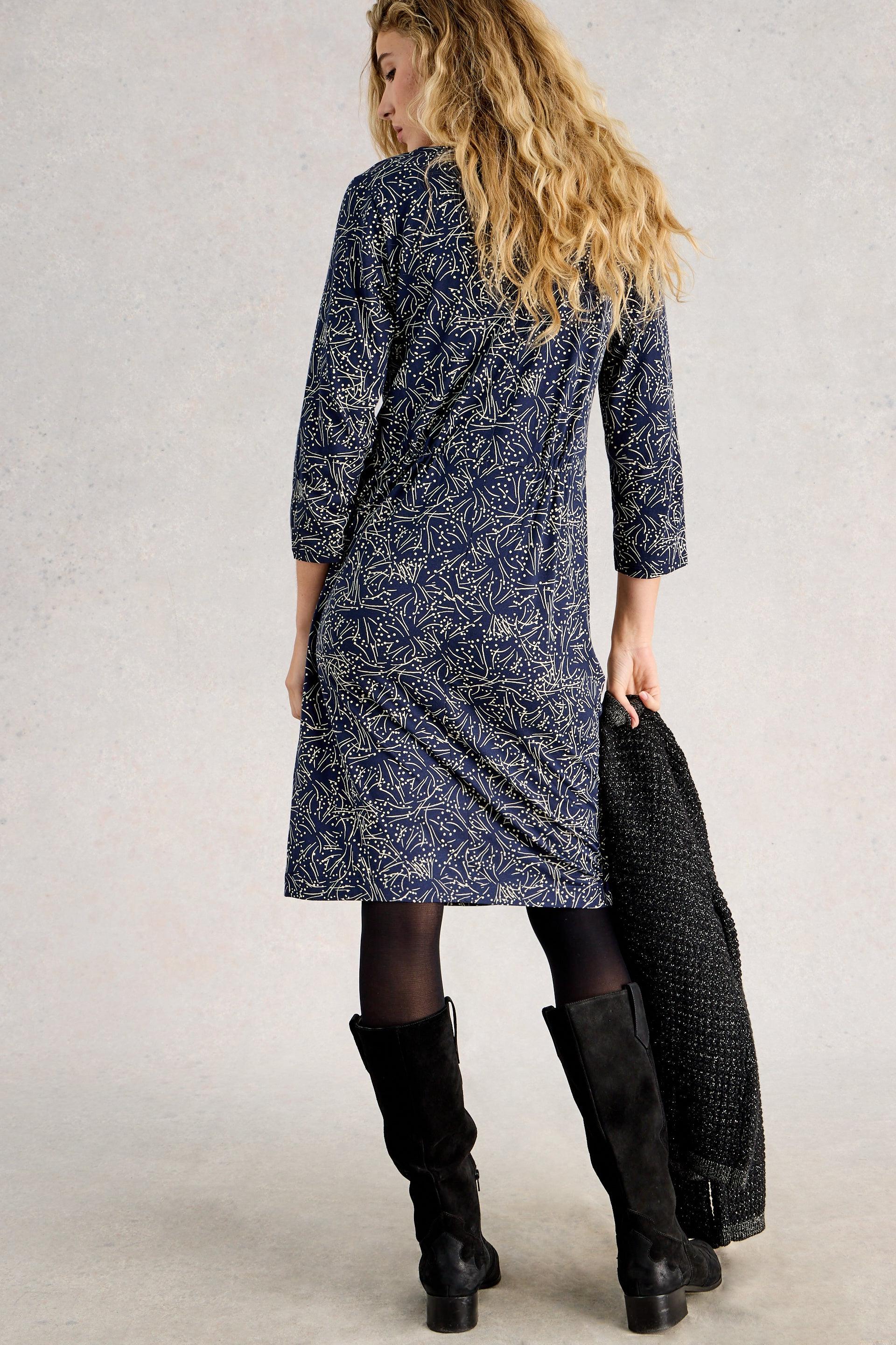 White Stuff Tallie Jersey Dress in Navy Print AW25