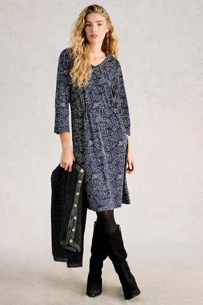 White Stuff Tallie Jersey Dress in Navy Print AW25