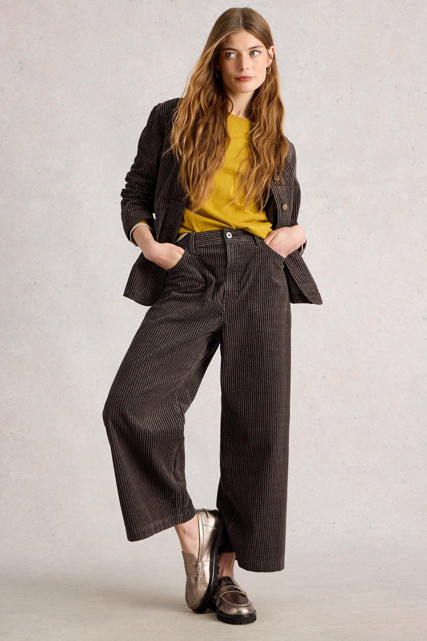 White Stuff Tia Cord Wide Leg Crop in Black Multi