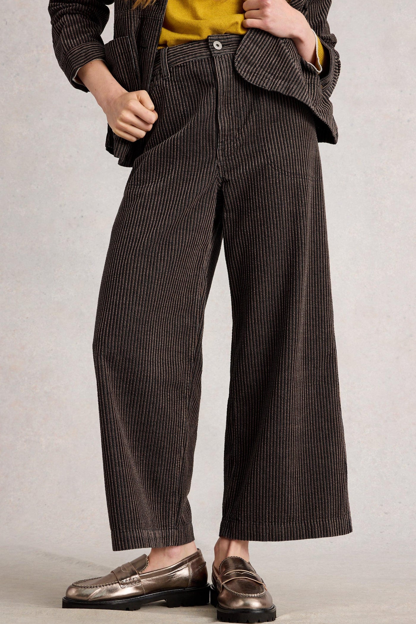 White Stuff Tia Cord Wide Leg Crop in Black Multi