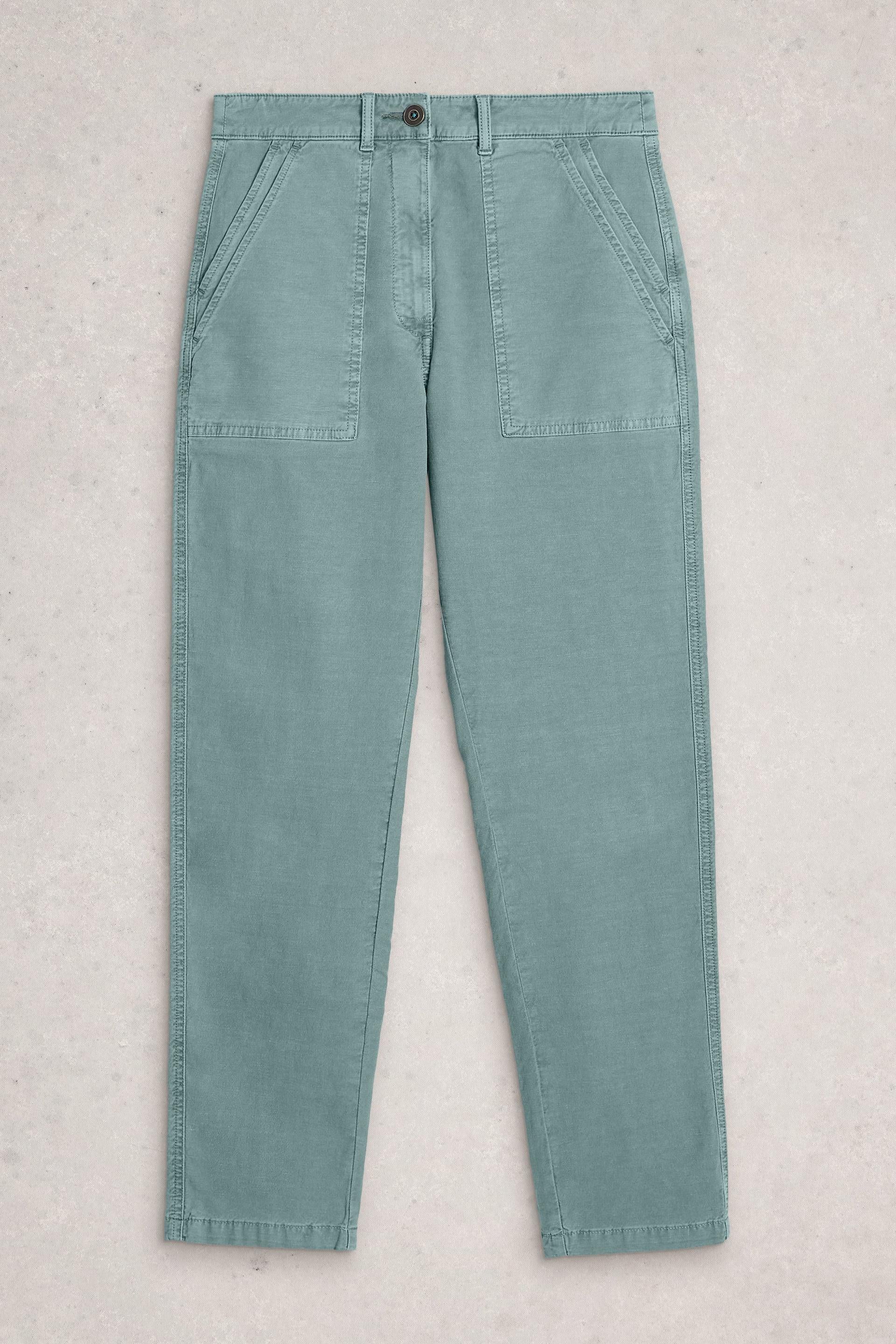 Light blue tapered trousers on a light gray background