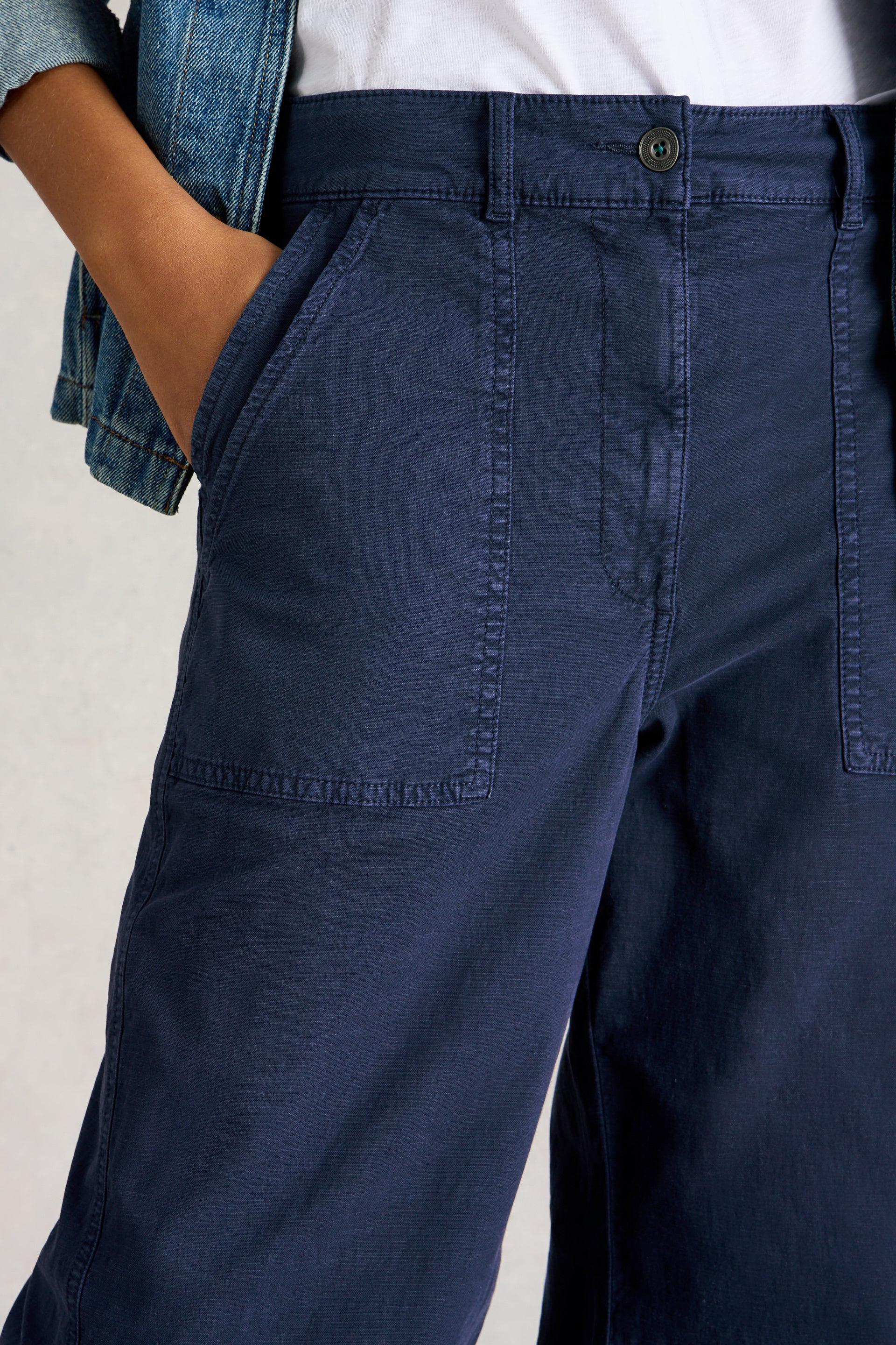 Close up of square pocket detail on wide leg trousers