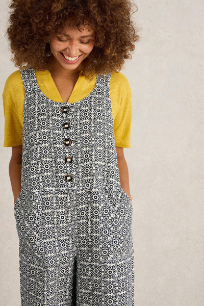 White Stuff Viola Linen Dungarees in White Print
