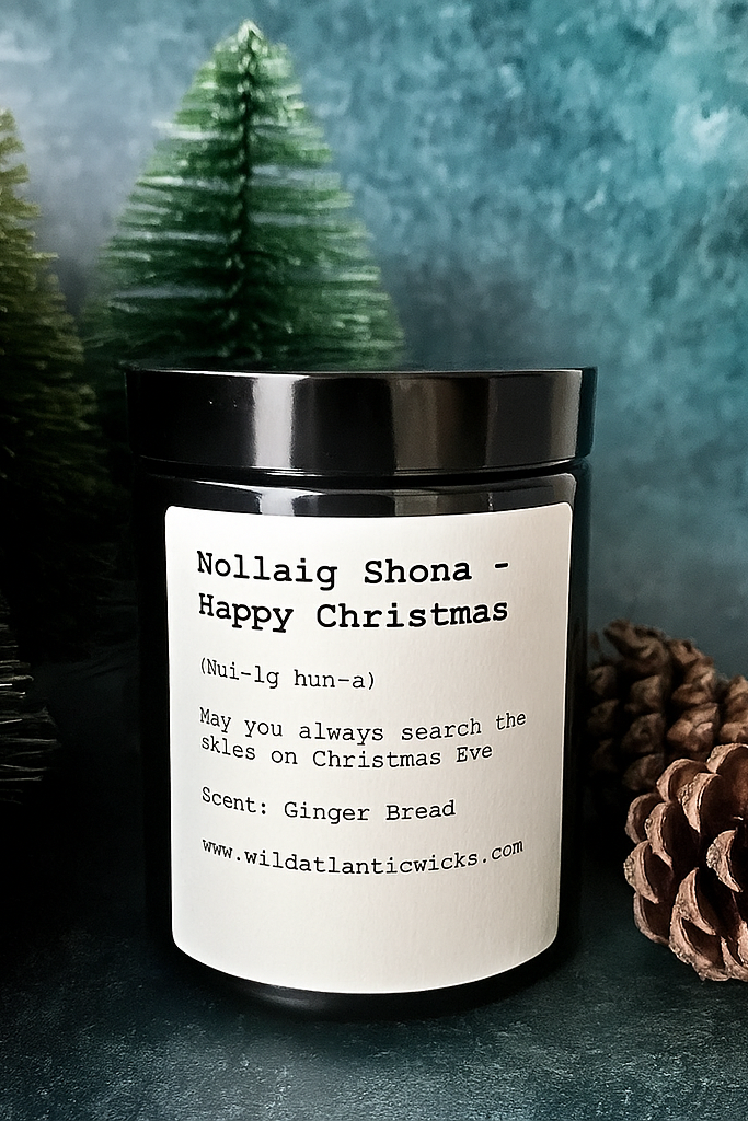 Candle jar with a label on a textured surface with decorative elements