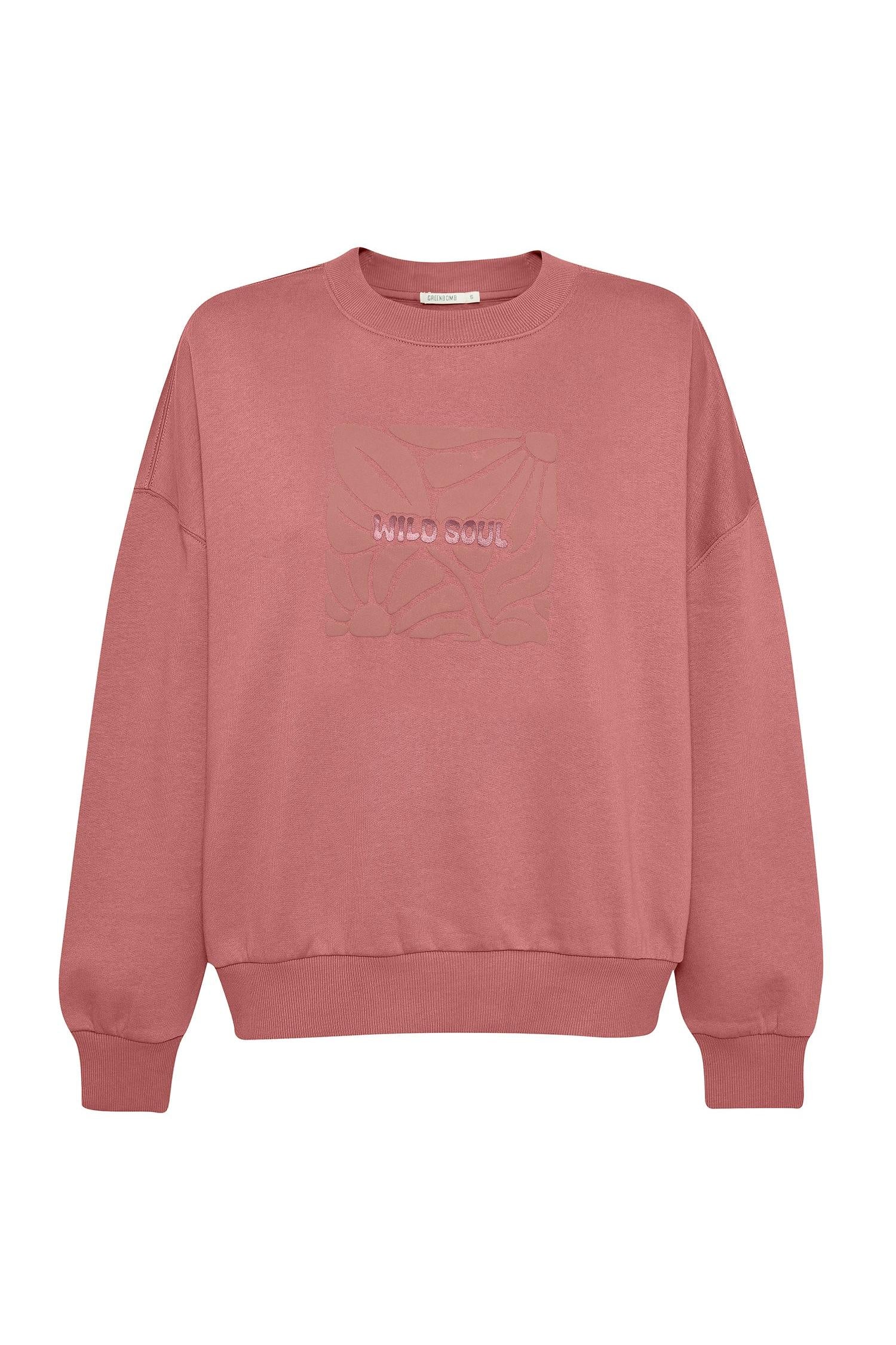 Pink organic cotton sweatshirt with text 'wild soul' on a white background