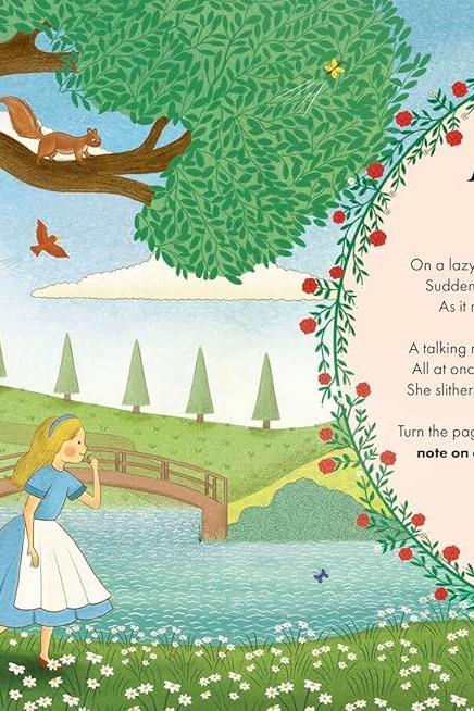 Open spread of an Alice in Wonderland musical children's book with illustrations of Alice, the White Rabbit, and a river.