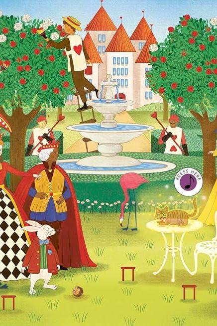 Illustrated scene from an Alice in Wonderland musical book featuring the Queen of Hearts and garden characters.