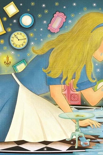 Alice in Wonderland musical book illustration showing Alice grown large and crying in a room full of floating clocks.