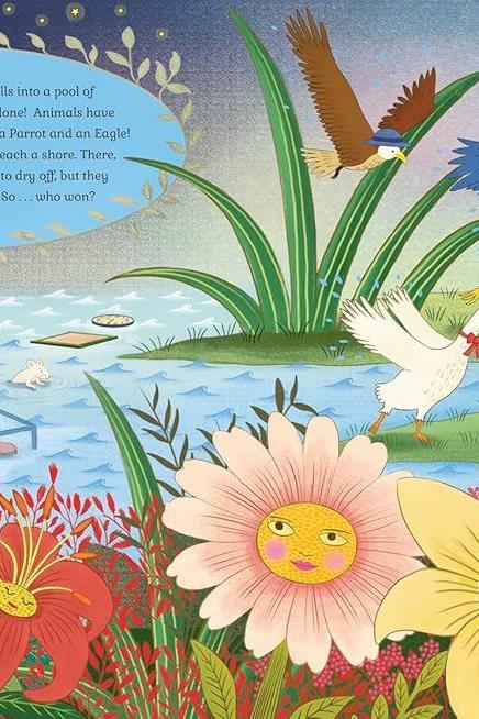 Colorful illustrated Alice in Wonderland musical book spread featuring Dodo, animals, and whimsical flowers.